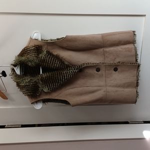 Animal print faux fur faux suede vest brown, green, tan chevron design small med